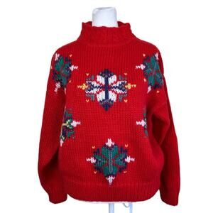 Sugar Co. LTD Sz L Vtg Hand Knit Holiday Sweater Red Multicolor Chunky Knit